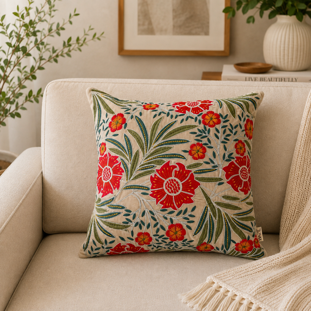 Botanical Floral Cotton Velvet Cushion - 45×45 cm