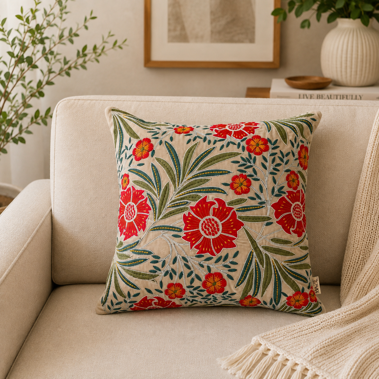 Botanical Floral Cotton Velvet Cushion - 45×45 cm