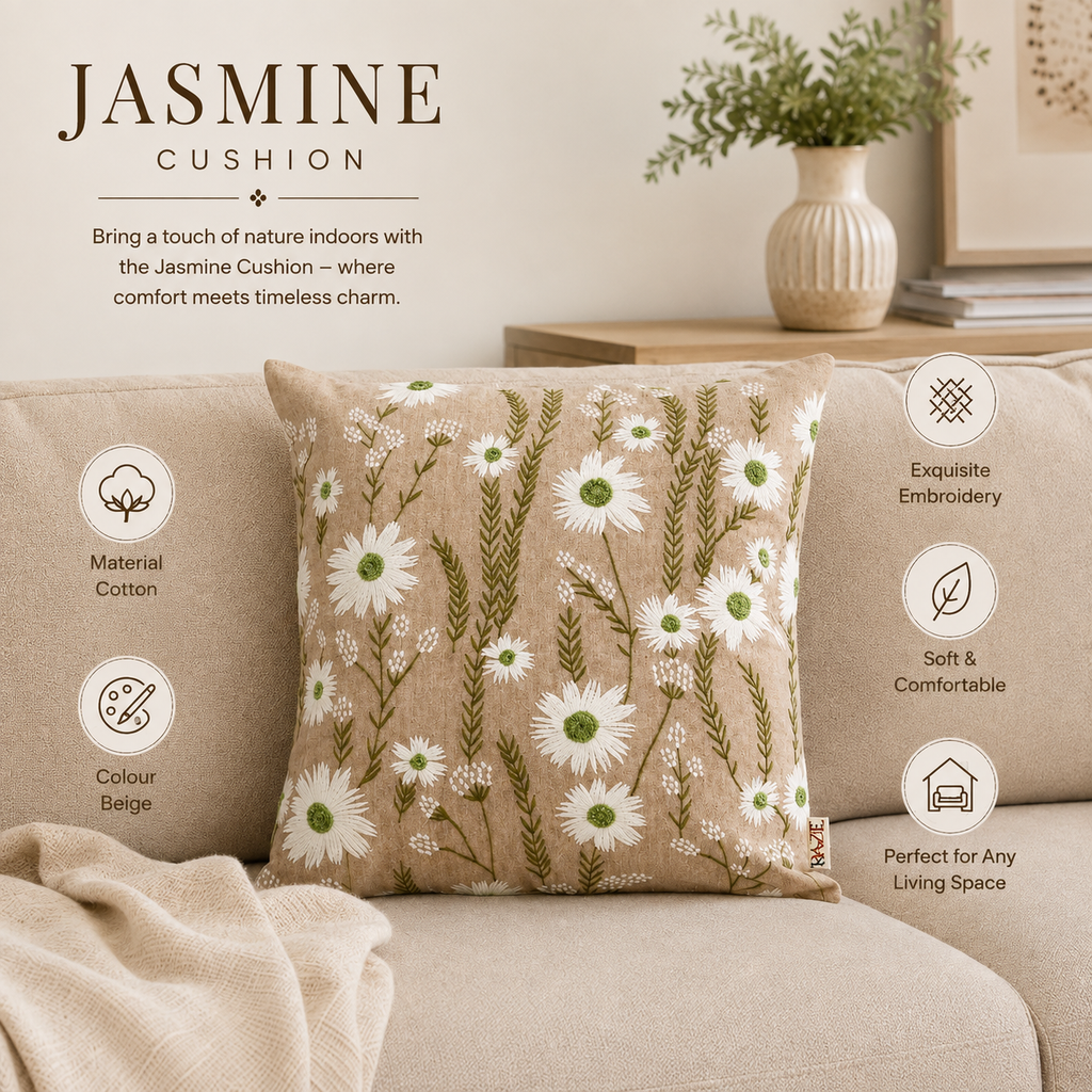 Floral Embroidered Cotton Cushion- Jasmine Design- 45x45 cm