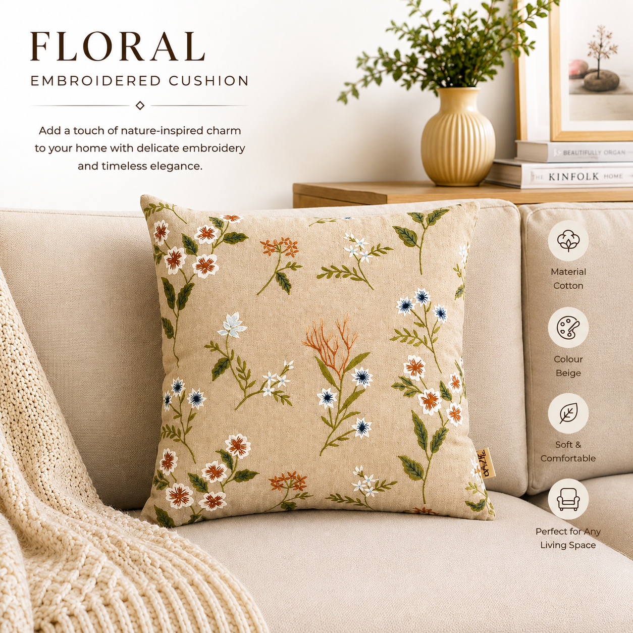 Embroidered Cotton Cushion- Tulip Floral Design- 45x45 cm