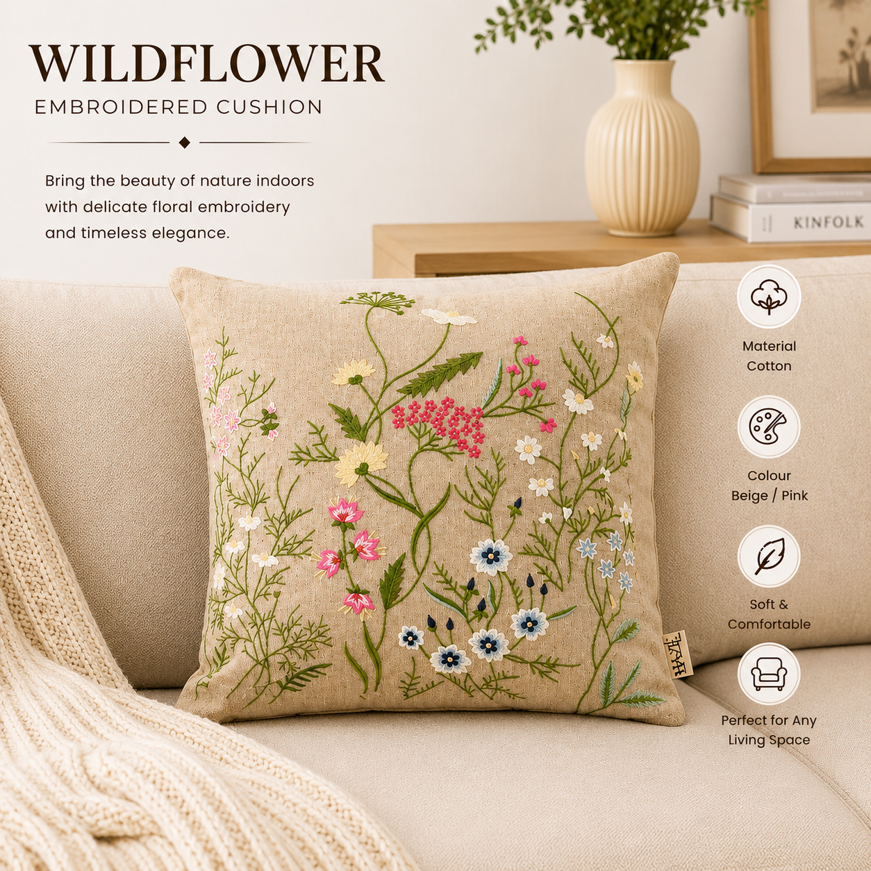 Embroidered Cotton Cushion- Branch Floral Design- 45x45 cm