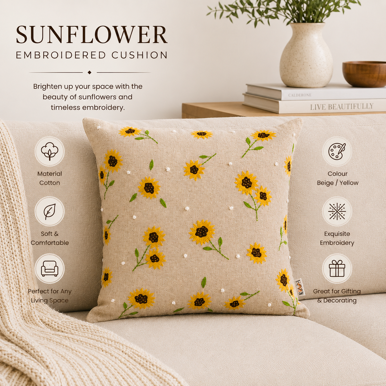 Embroidered Cotton Cushion- Sunflower Design- 45x45 cm