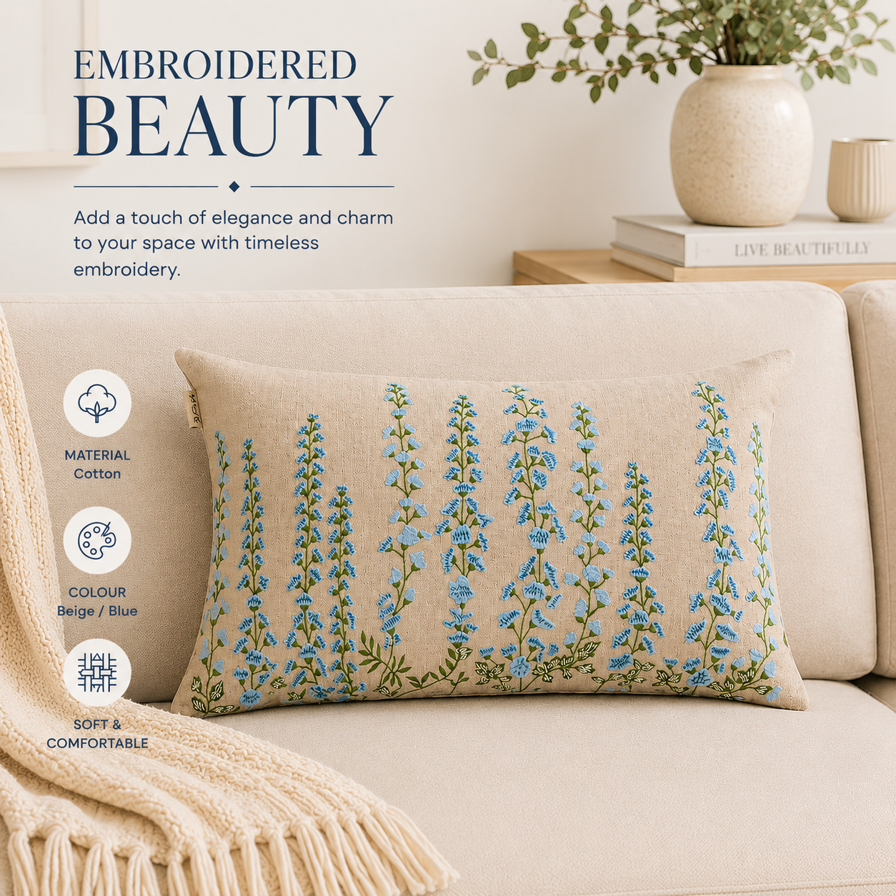 Cascade Floral Embroidered Cotton Lumbar Cushion- 40x60 cm