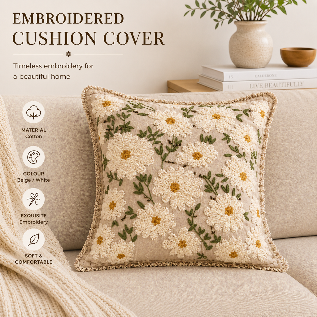Embroidered Cotton Cushion- Flora Daisy Design- 45x45 cm