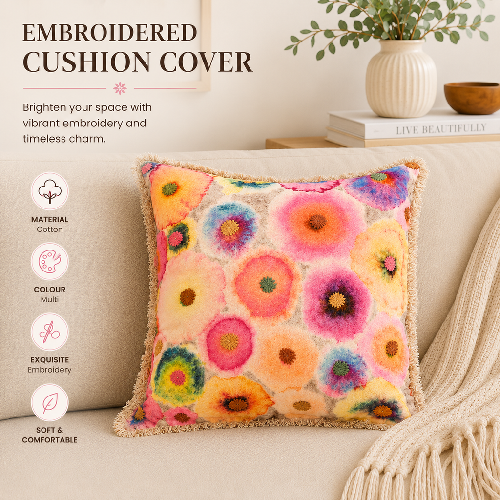 Printed & Embroidered Cotton Cushion- Bloom Design- 45x45 cm