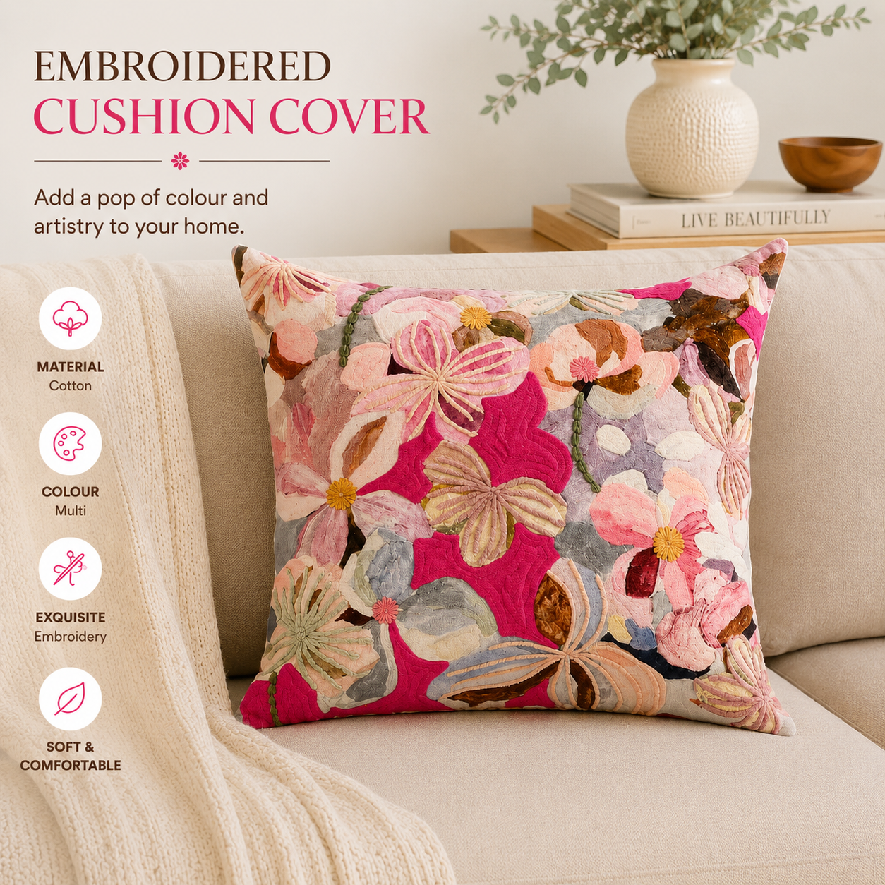Printed Cotton Cushion- Floral Design- 45x45 cm