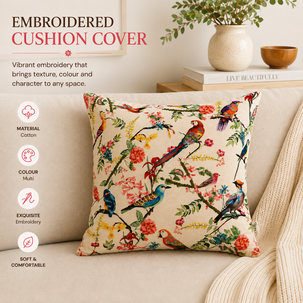 Printed Cotton Cushion- Freya Bird Design- 45x45 cm