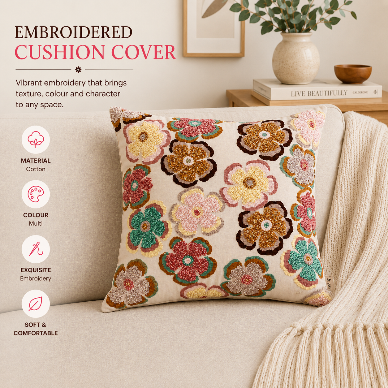 Printed Cotton Cushion- Retro Floral Design- 45x45 cm
