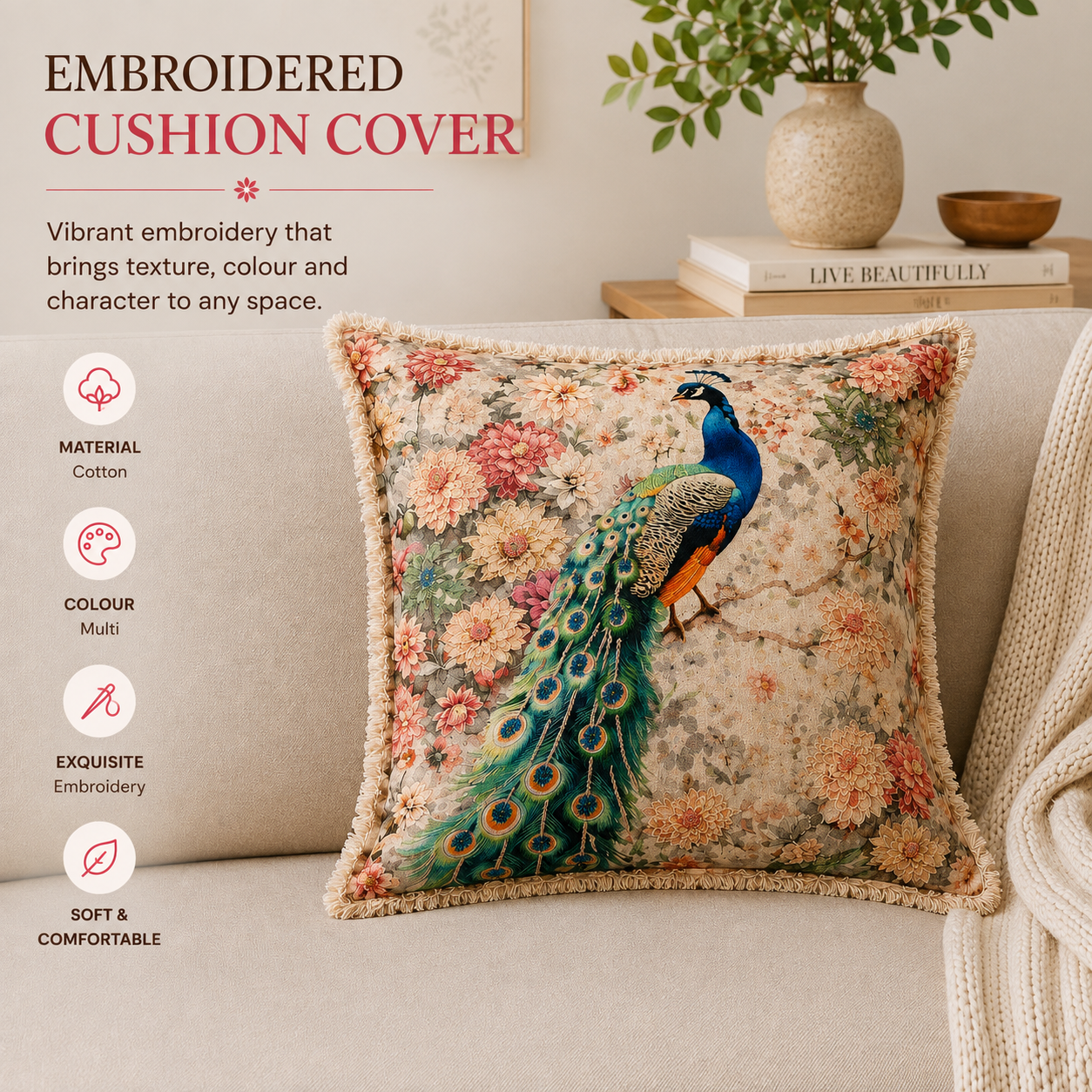 Cotton Cushion- Elina Peacock Floral Design- 45x45 cm