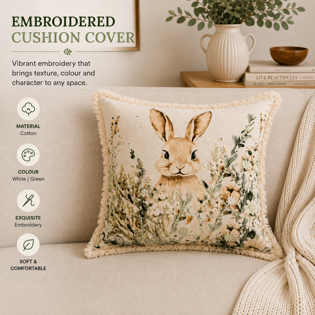 Embroidered Cotton Cushion- Bunny Floral Design- 45x45 cm
