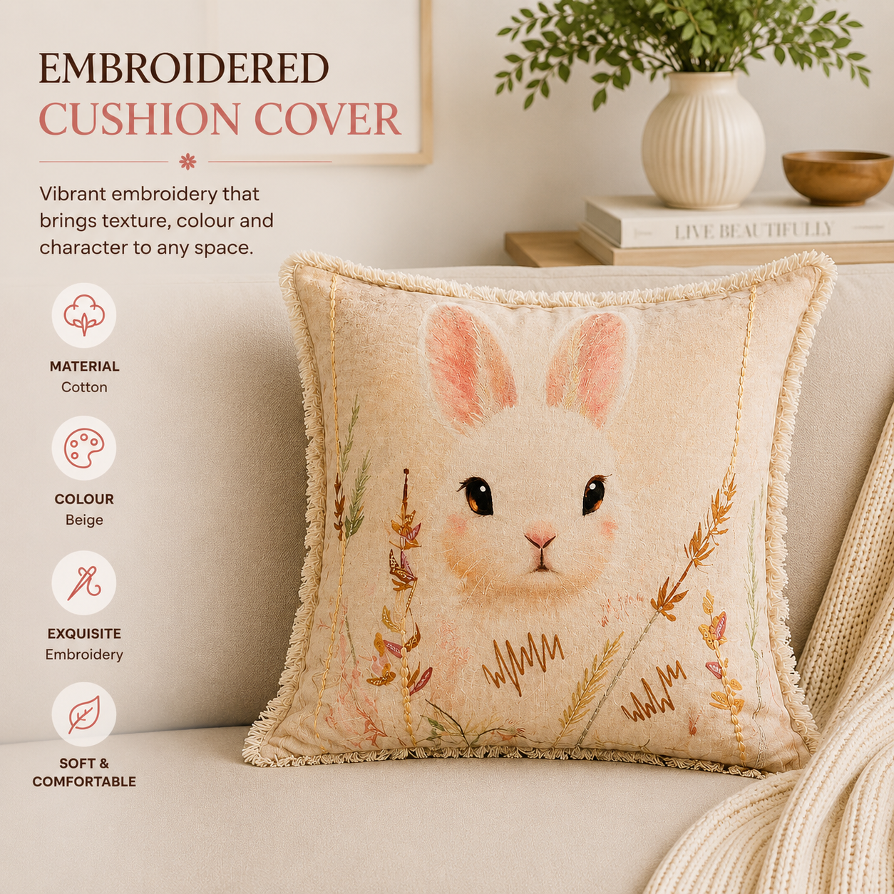 Embroidered Cotton Cushion- Alina Rabbit Design- 45x45 cm