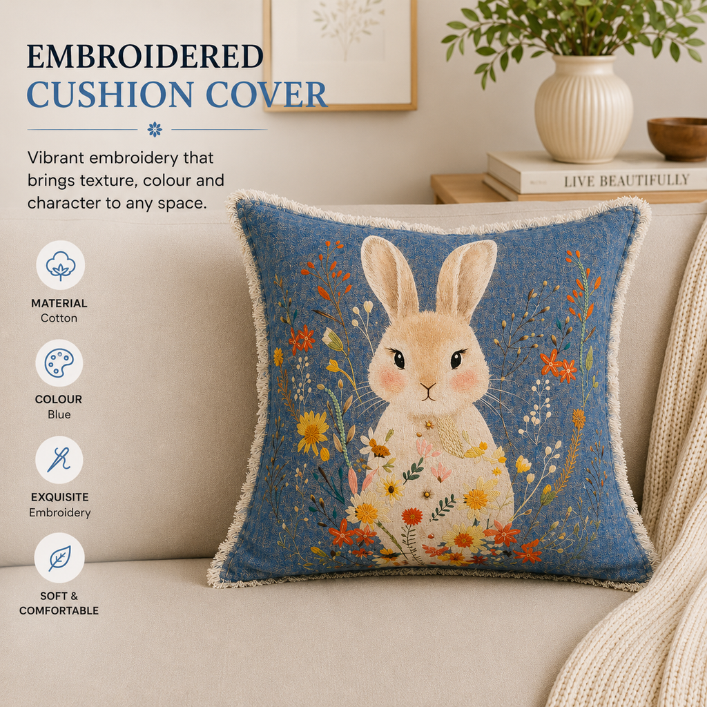 Embroidered Cotton Cushion- Rabbit Floral Design- 45x45 cm