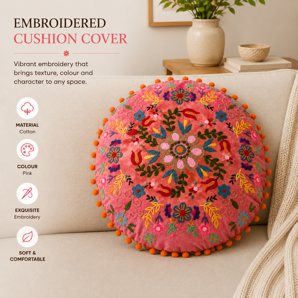 Embroidered Cotton Cushion- Floral Design- 50x50 cm