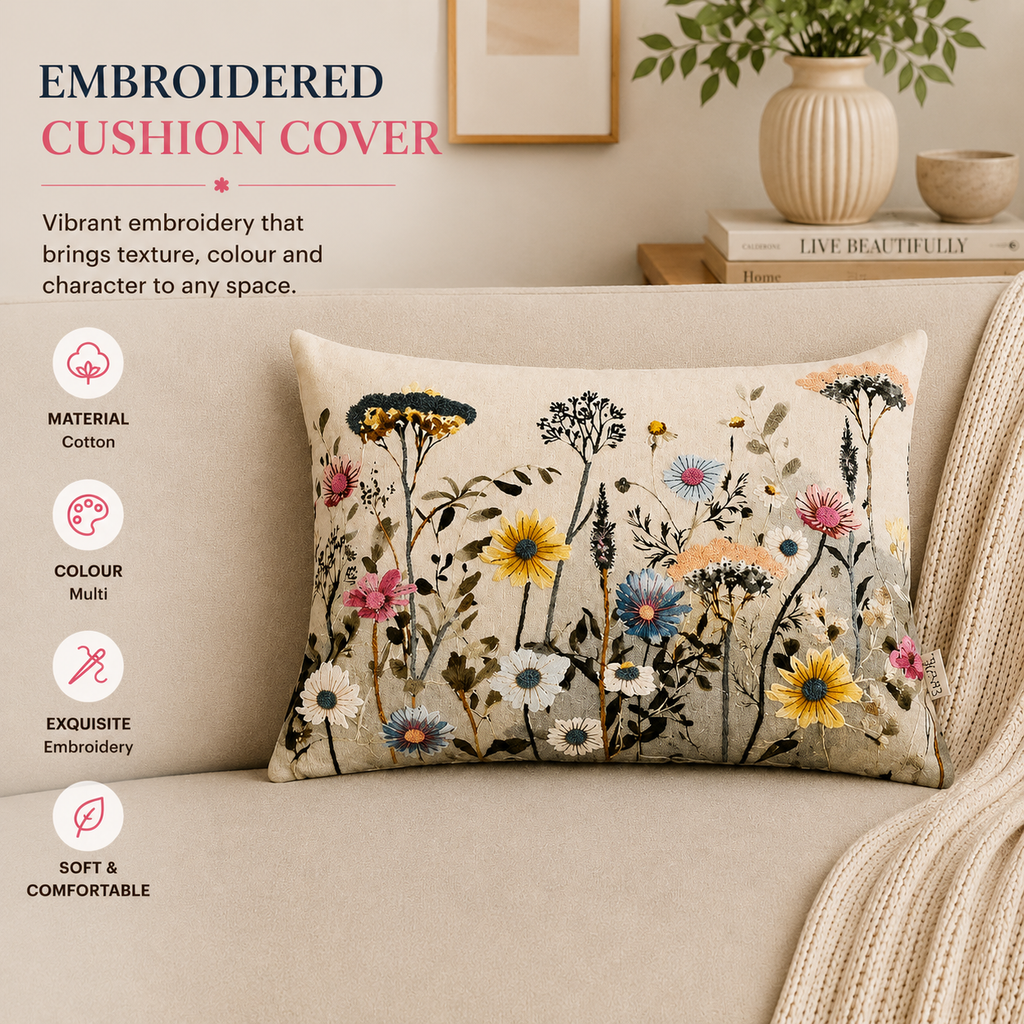 Spring Botanical Embroidered Lumbar Cushion-40x60 cm