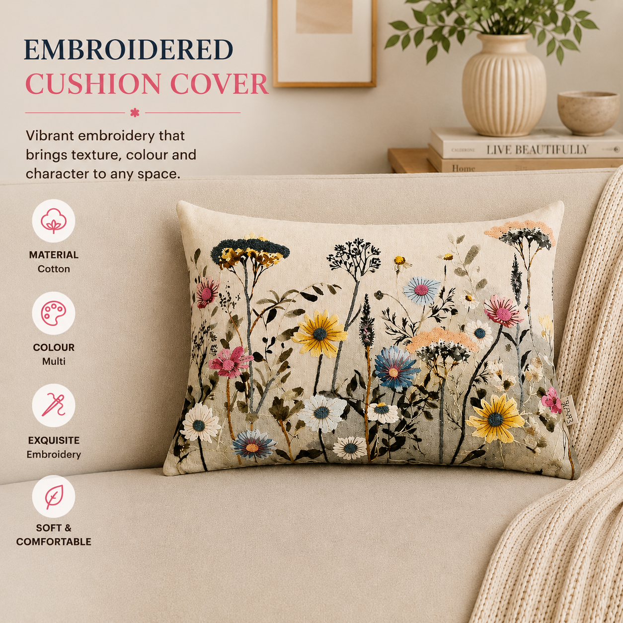 Spring Botanical Embroidered Lumbar Cushion-40x60 cm