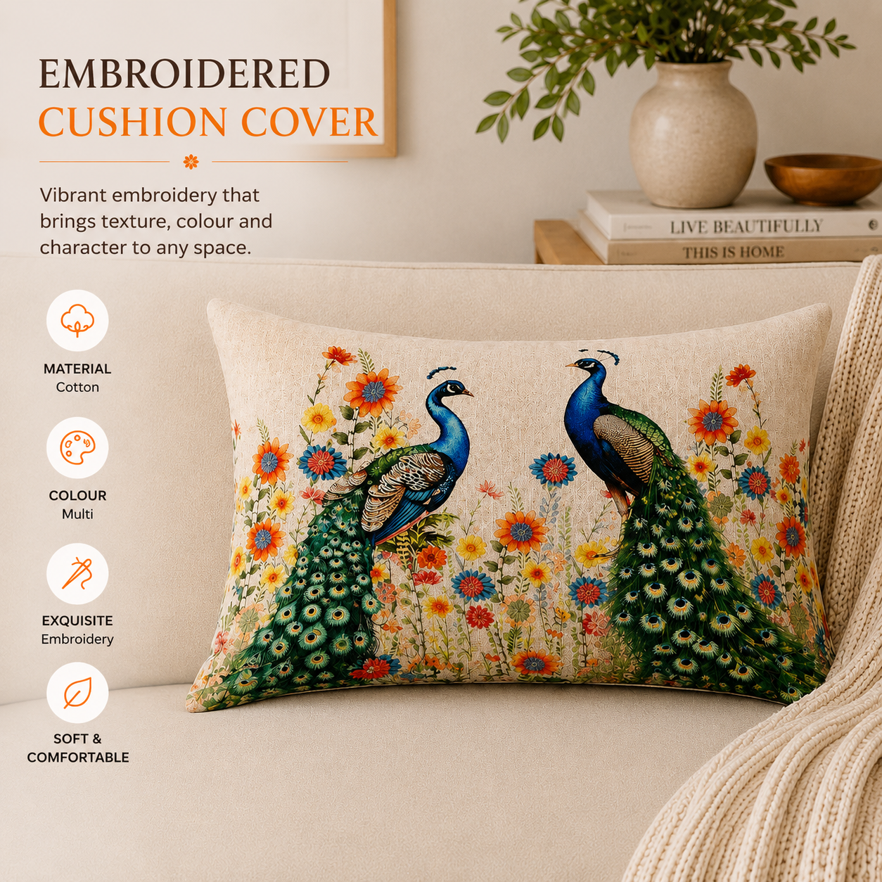 Floral Lumbar Cushion – Peacock Design– 40x60 cm