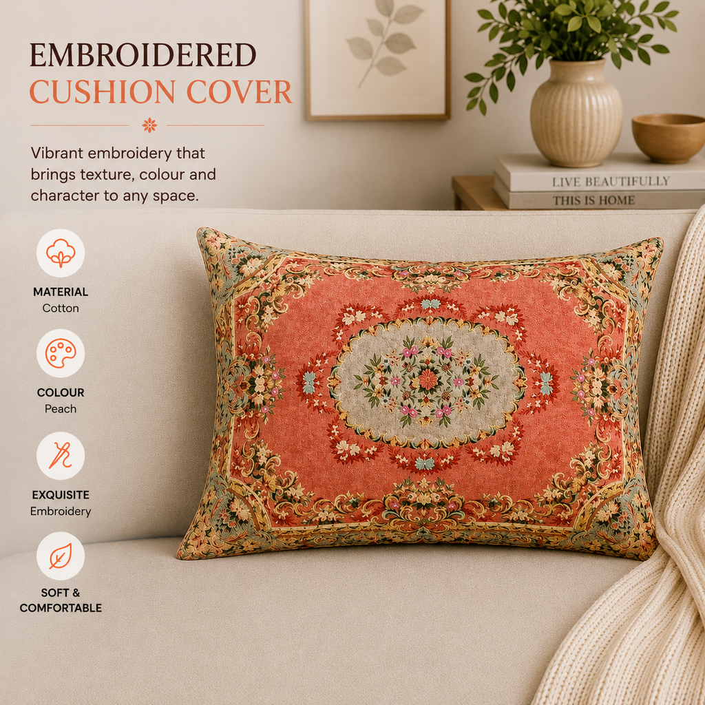 Floral Printed & Embroidered Cotton Lumbar Cushion- 40x60 cm