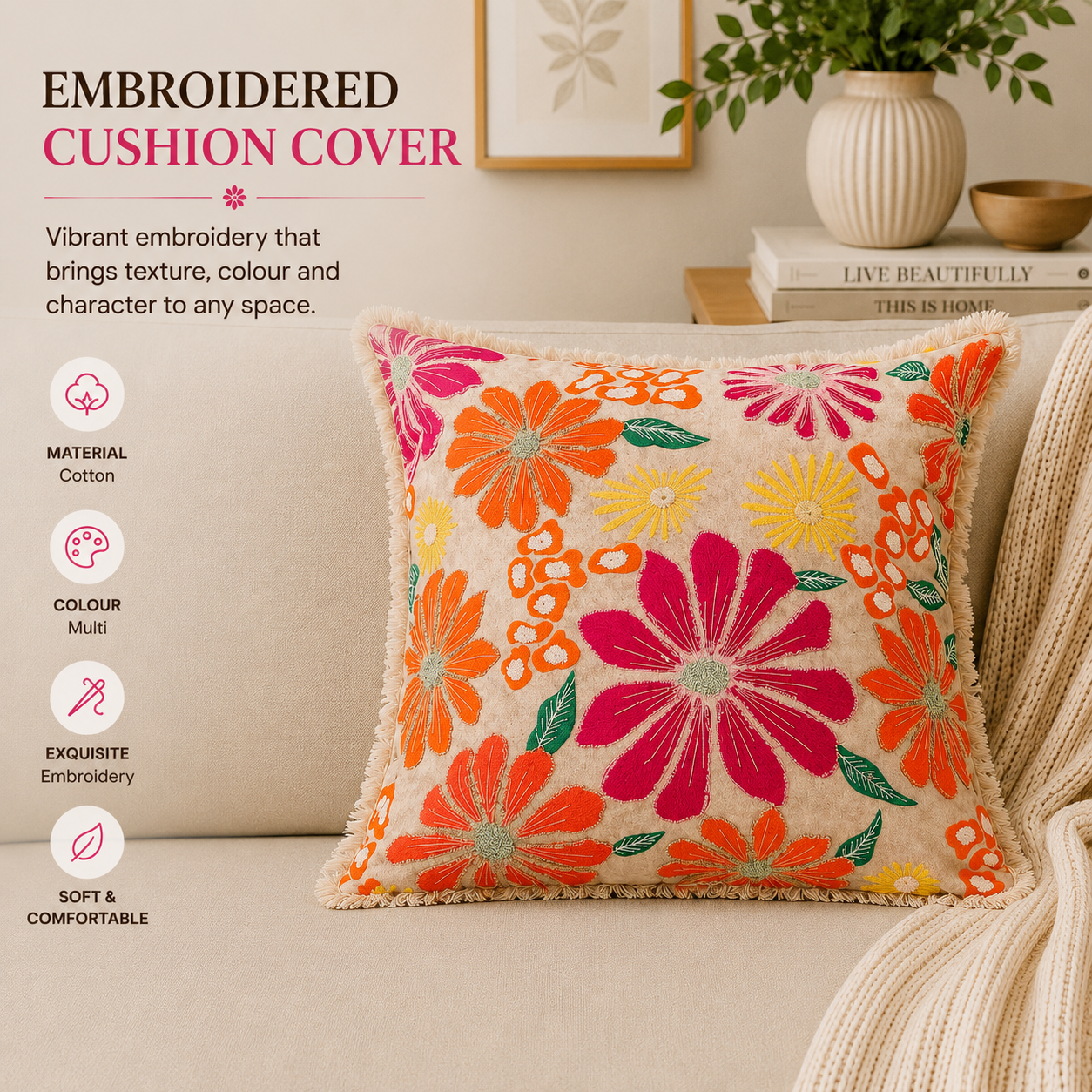 Embroidered Cotton Cushion- Neon Floral Design- 45x45 cm