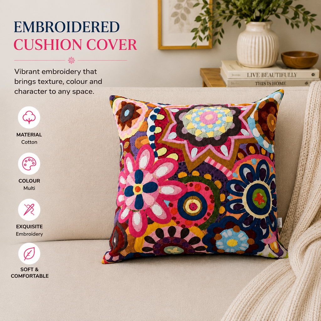 Embroidered Cotton Cushion- Abstract Floral Design- 45x45 cm