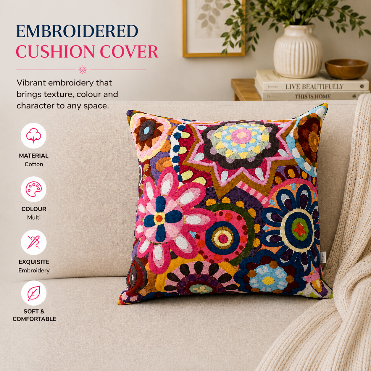 Embroidered Cotton Cushion- Abstract Floral Design- 45x45 cm