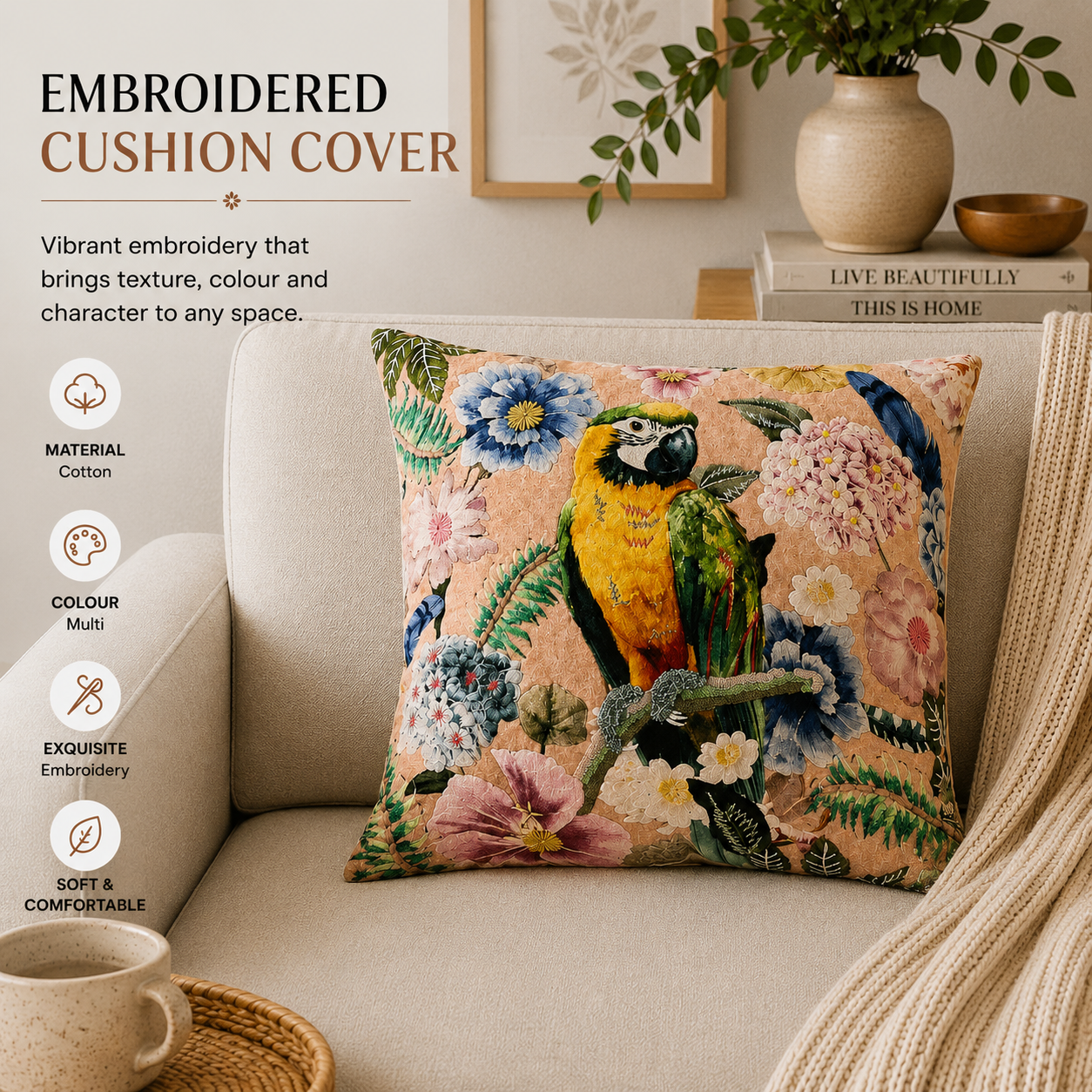 Tropical Parrot Floral Cushion- Cotton Embroidered 45x45cm