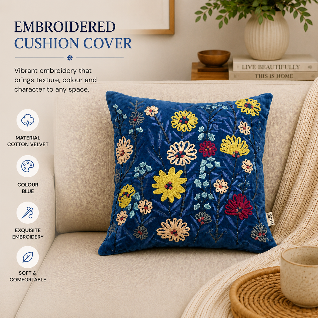 Cotton Cushion- Blue Velvet Design- 45x45 cm