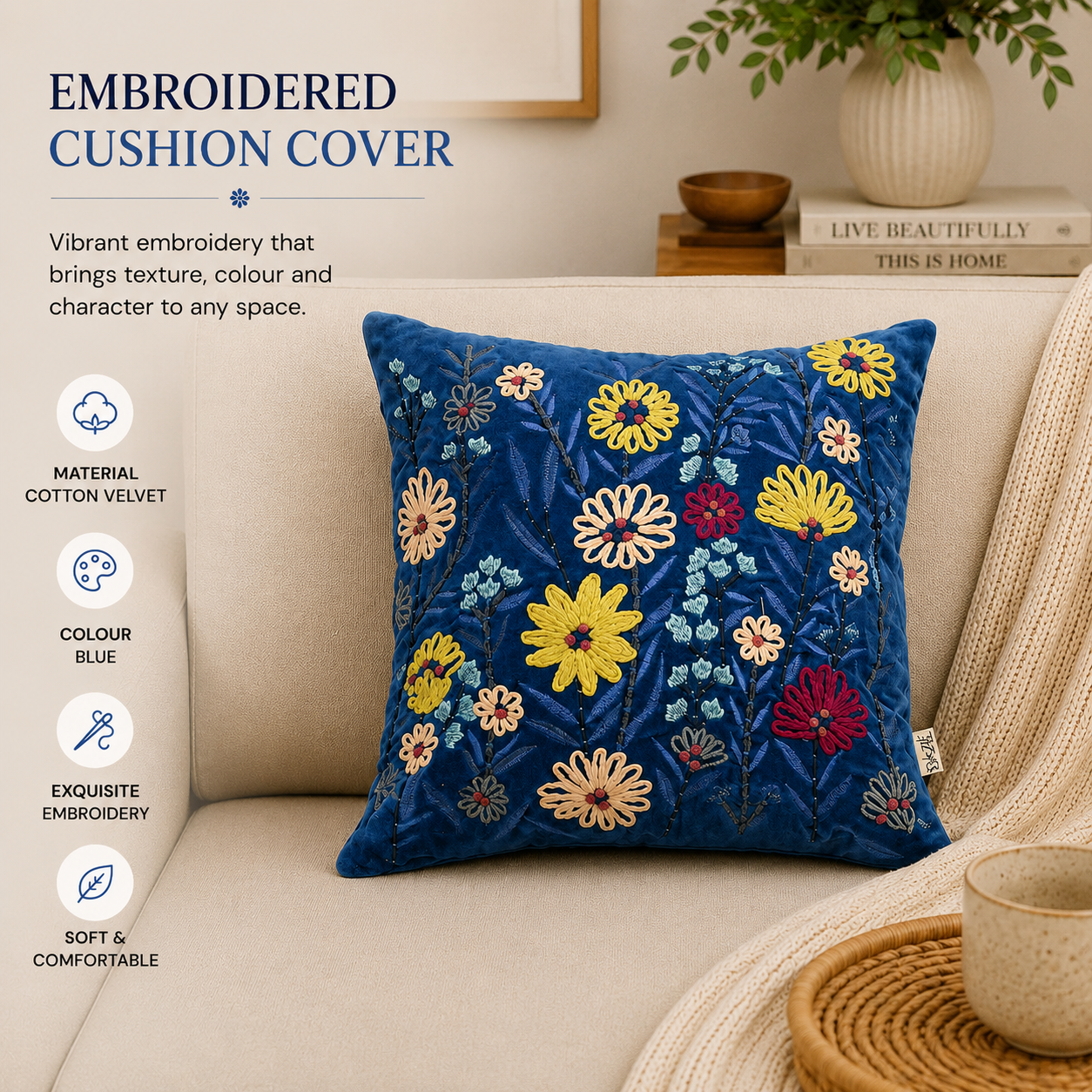 Cotton Cushion- Blue Velvet Design- 45x45 cm