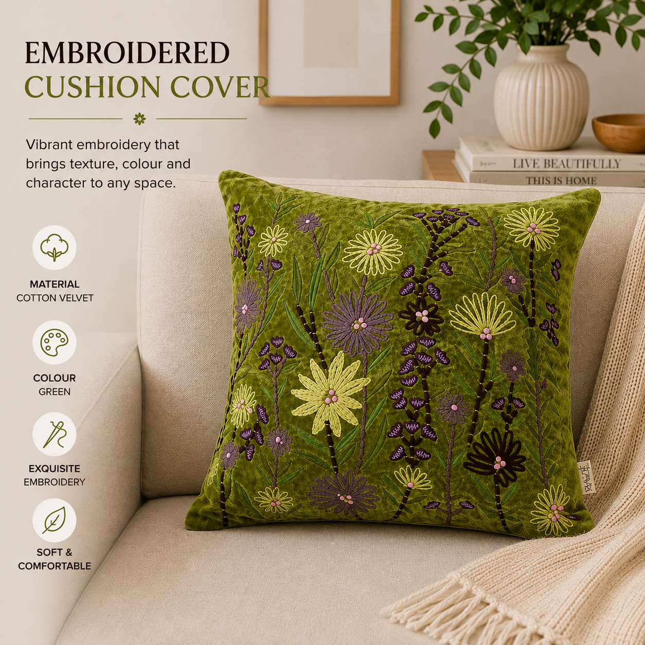 Velvet Cotton Cushion- Sea Green- 45x45 cm