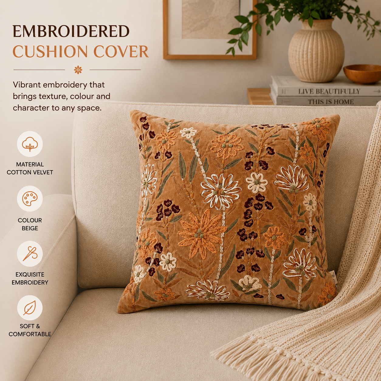 Peach Floral Embroidered Cotton Velvet Cushion 45x45 cm