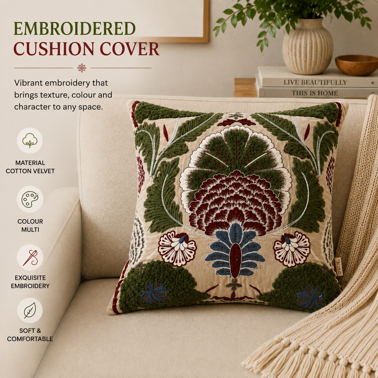 Hand-Embroidered Cotton Velvet Cushion 45×45 cm