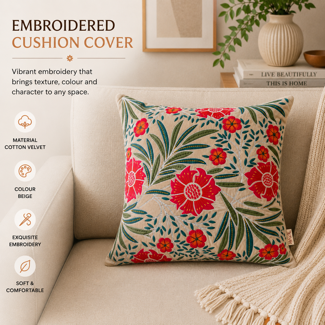 Botanical Floral Cotton Velvet Cushion - 45×45 cm