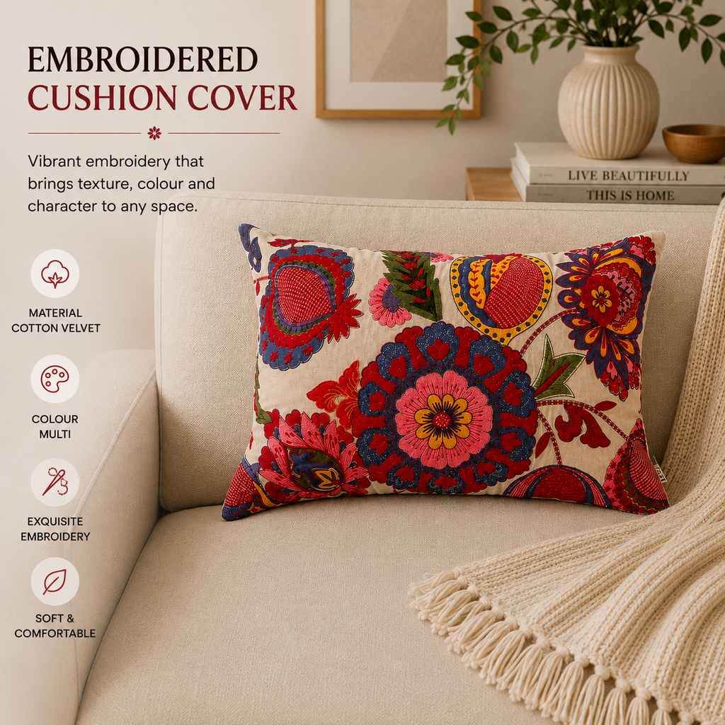 Boho Embroidered Cotton Velvet Lumbar Cushion -40×60 cm