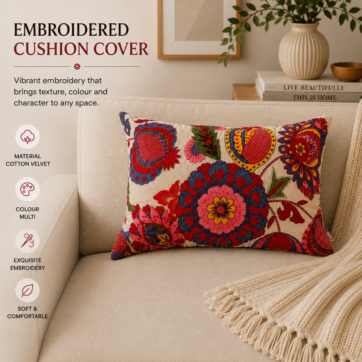 Boho Embroidered Cotton Velvet Lumbar Cushion -40×60 cm
