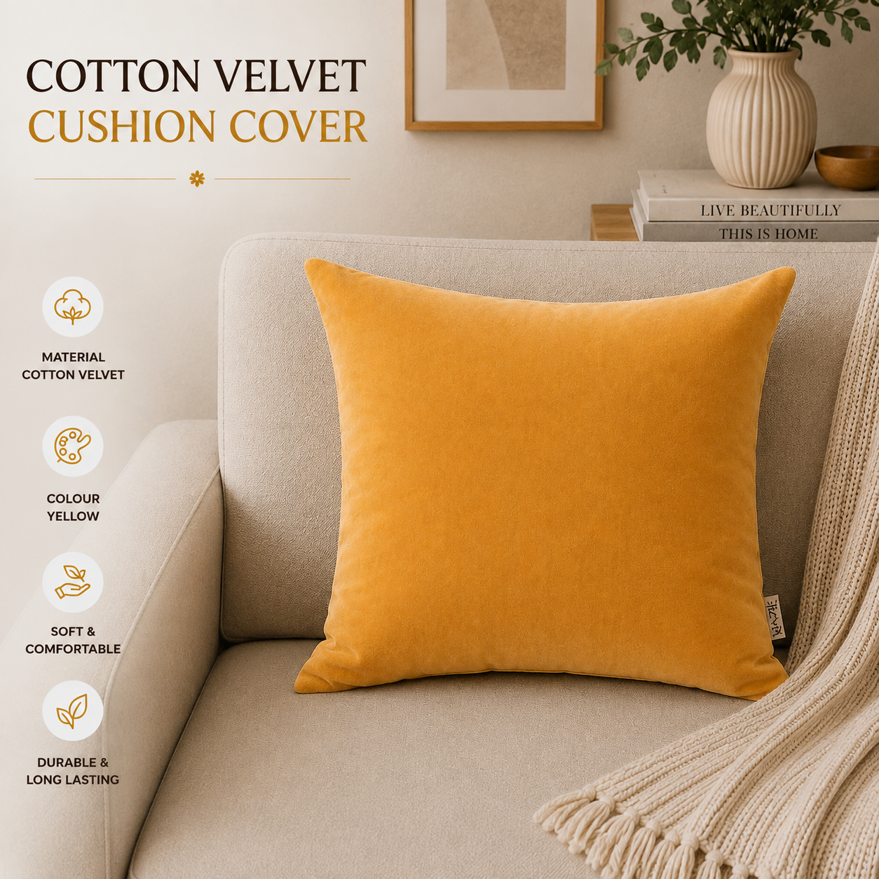 Velvet Cotton Cushion- Ochre Mustard- 45x45 cm