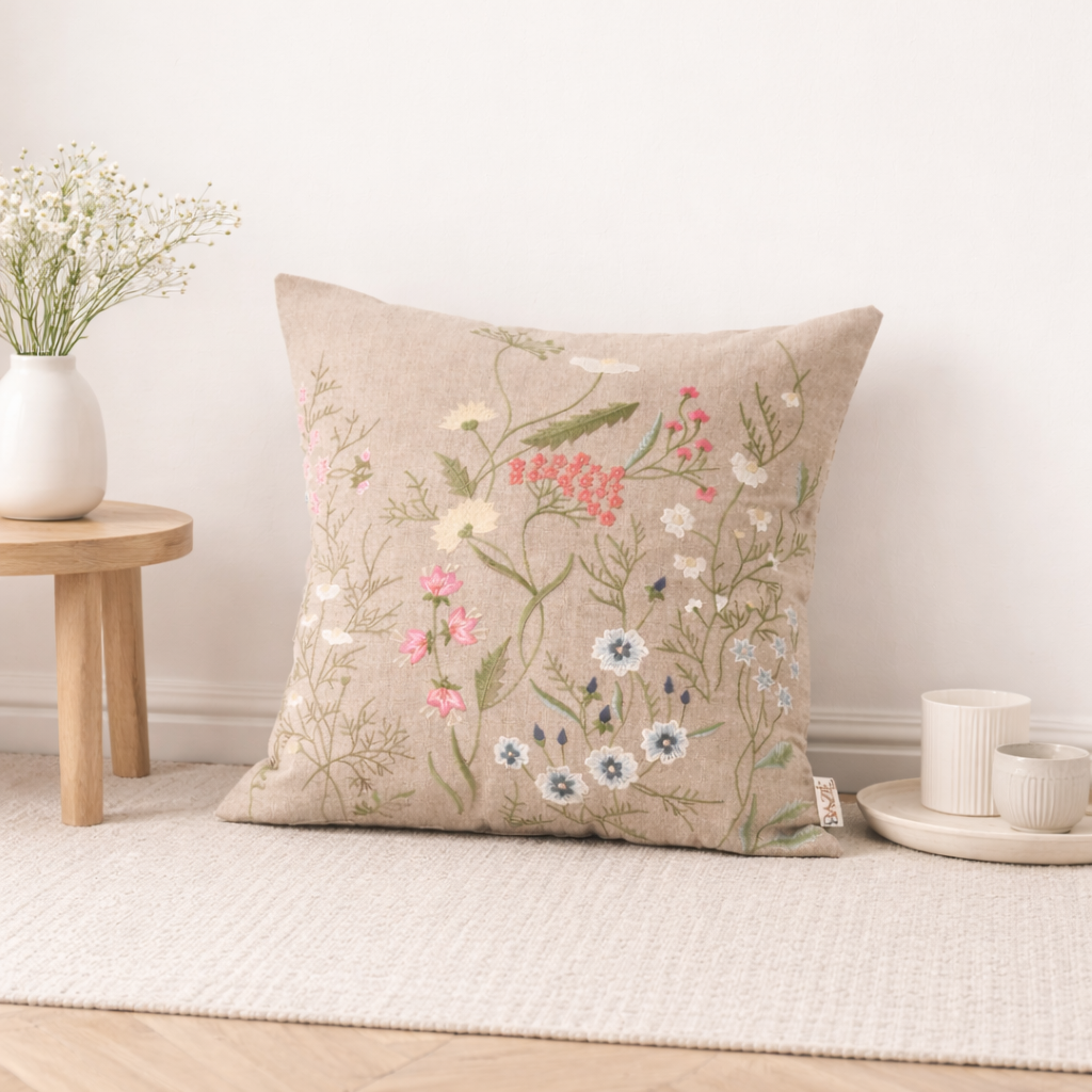 Embroidered Cotton Cushion- Branch Floral Design- 45x45 cm