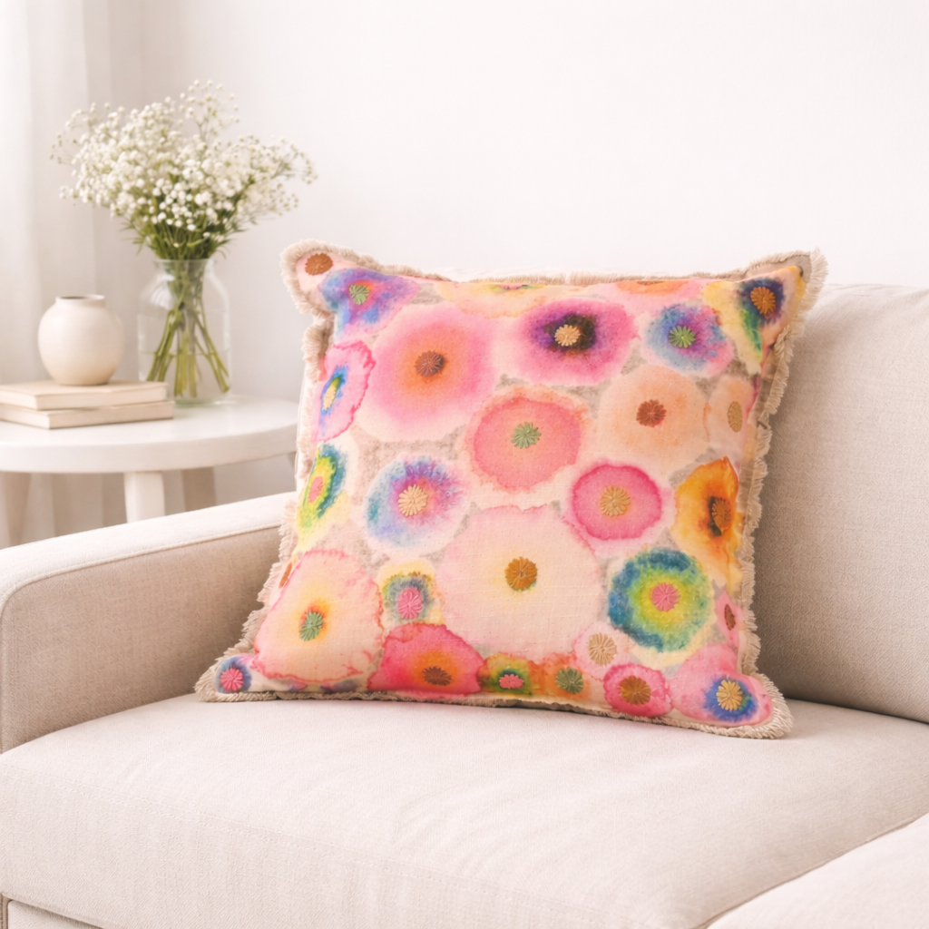 Printed & Embroidered Cotton Cushion- Bloom Design- 45x45 cm