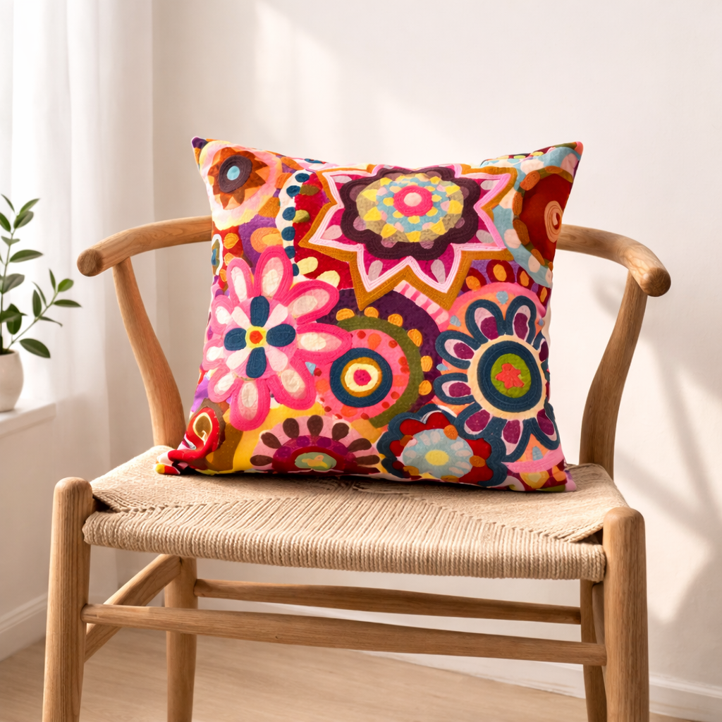 Embroidered Cotton Cushion- Abstract Floral Design- 45x45 cm