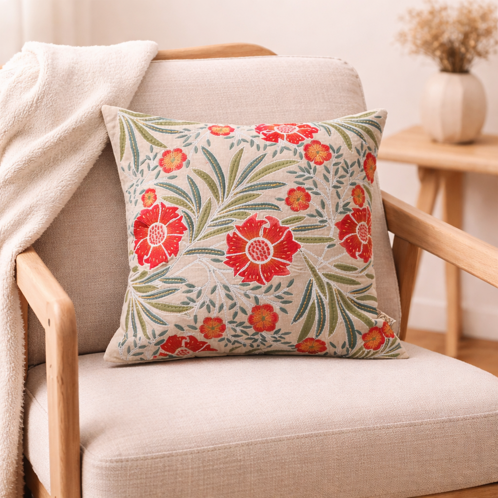 Botanical Floral Cotton Velvet Cushion - 45×45 cm