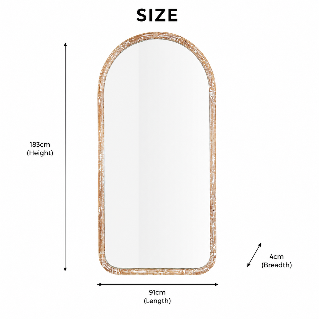 Semi Round Wall Mirror in Antique White Mango Wood