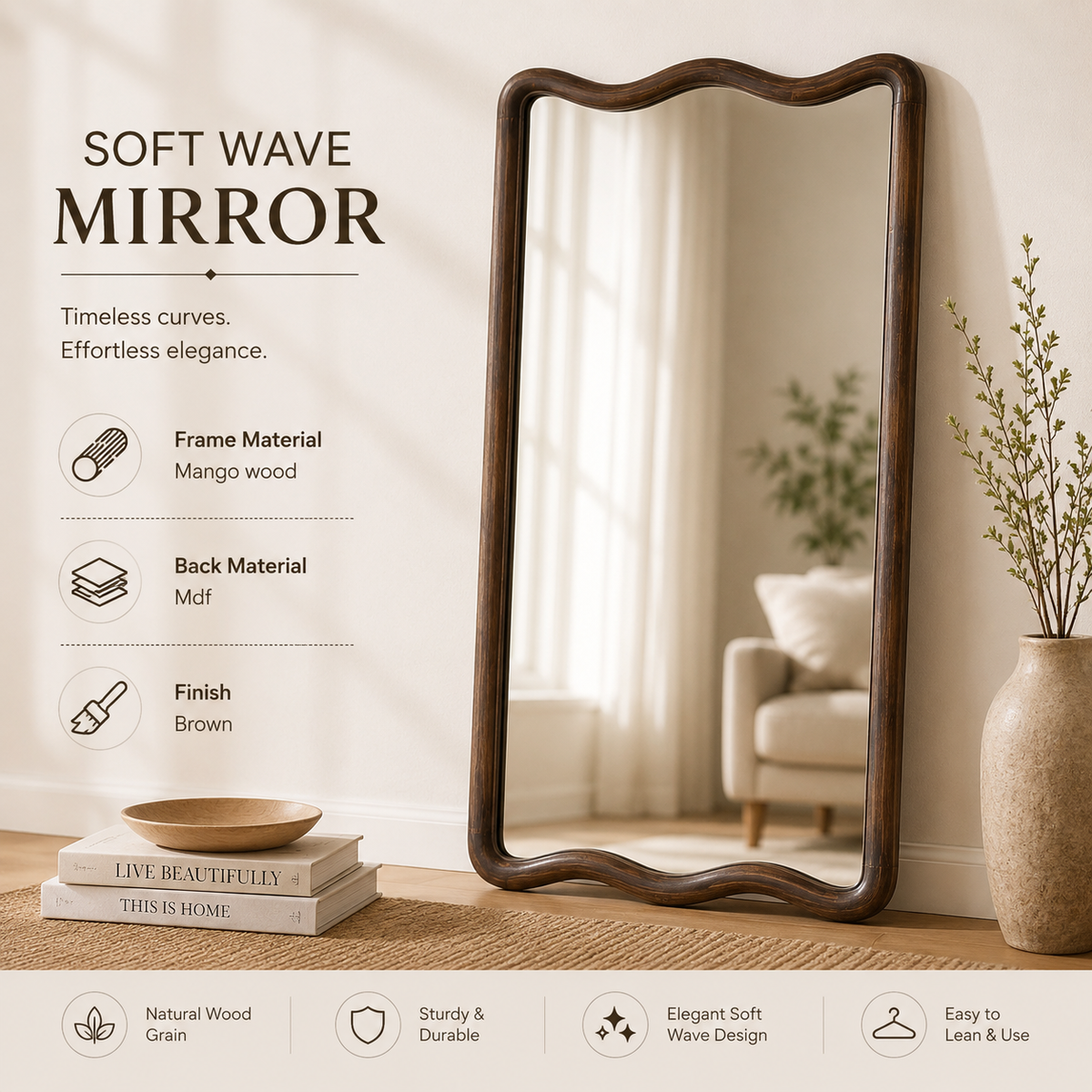 Soft Wave Full Length Mango Wood Mirror 80x180cm