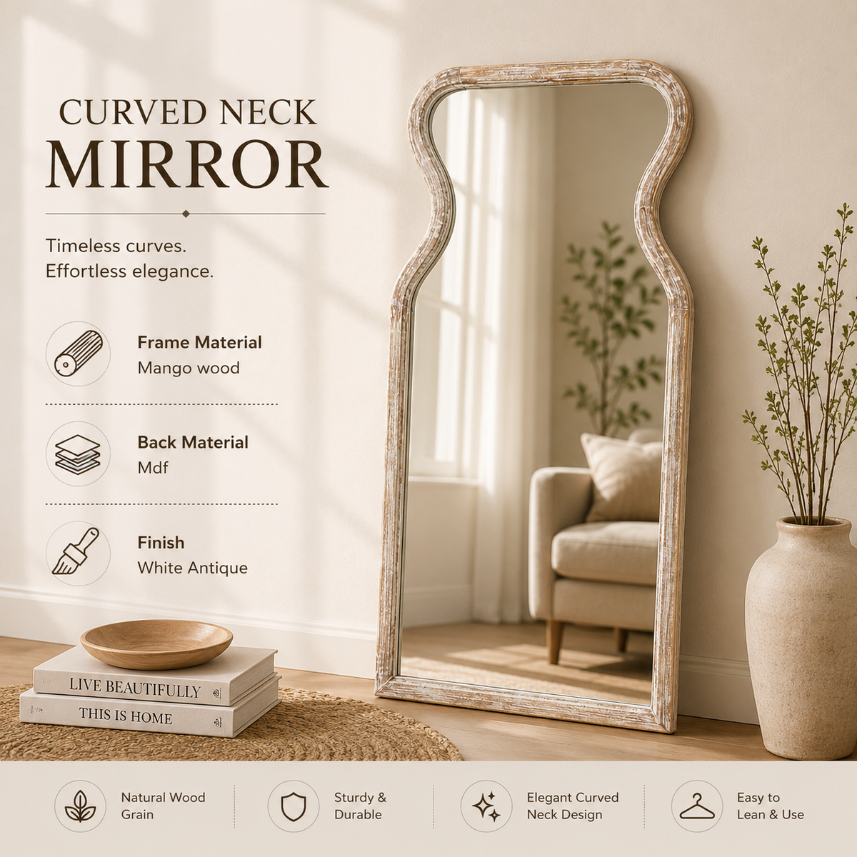 Curved Neck Wall Mirror in Antique White Mango Wood
