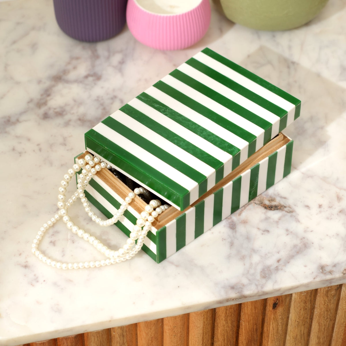 Green Striped Resin Storage Box Glossy MDF