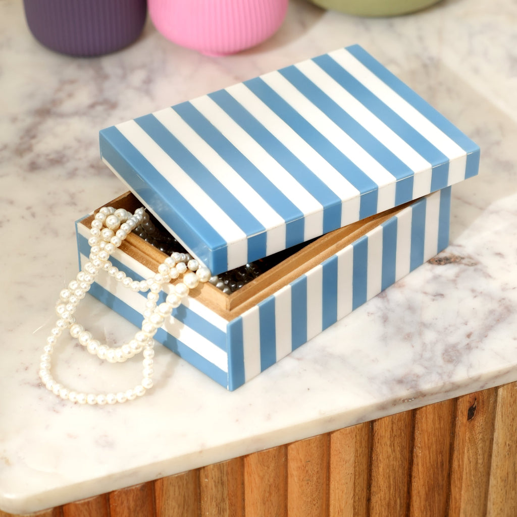 Blue Striped Resin Storage Box 17cm Glossy MDF