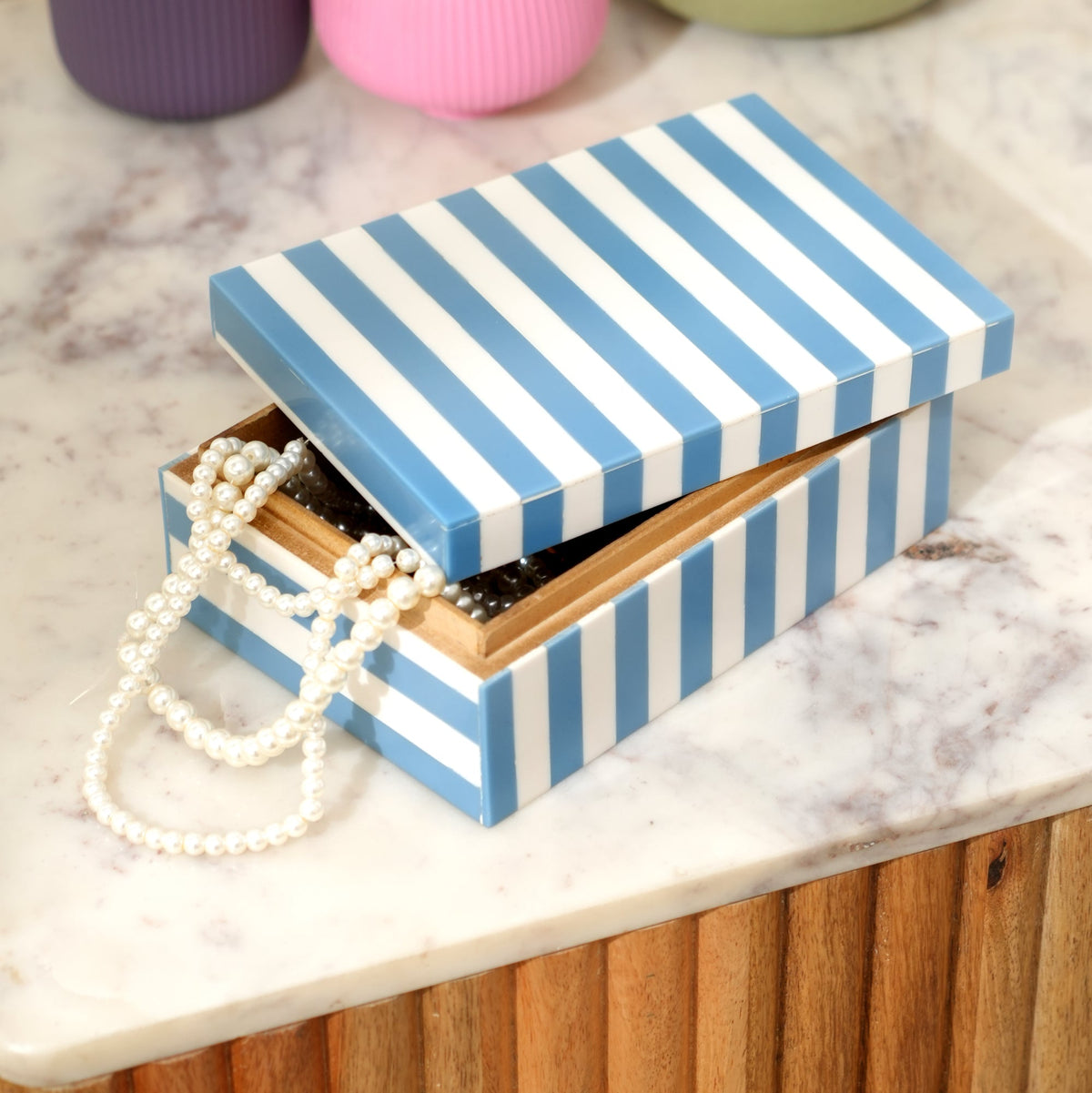 Blue Striped Resin Storage Box 17cm Glossy MDF
