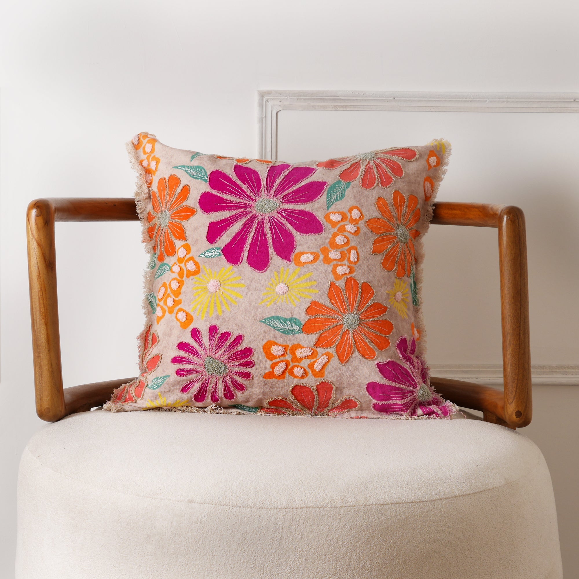 Embroidered Cotton Cushion- Neon Floral Design- 45x45 cm