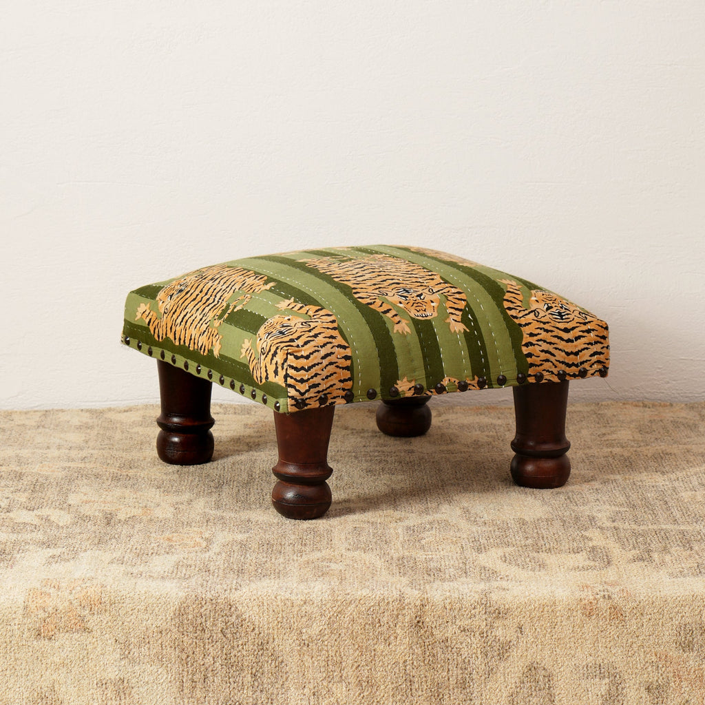 Jungle Stripe Cotton Footstool with Wood Legs, Green