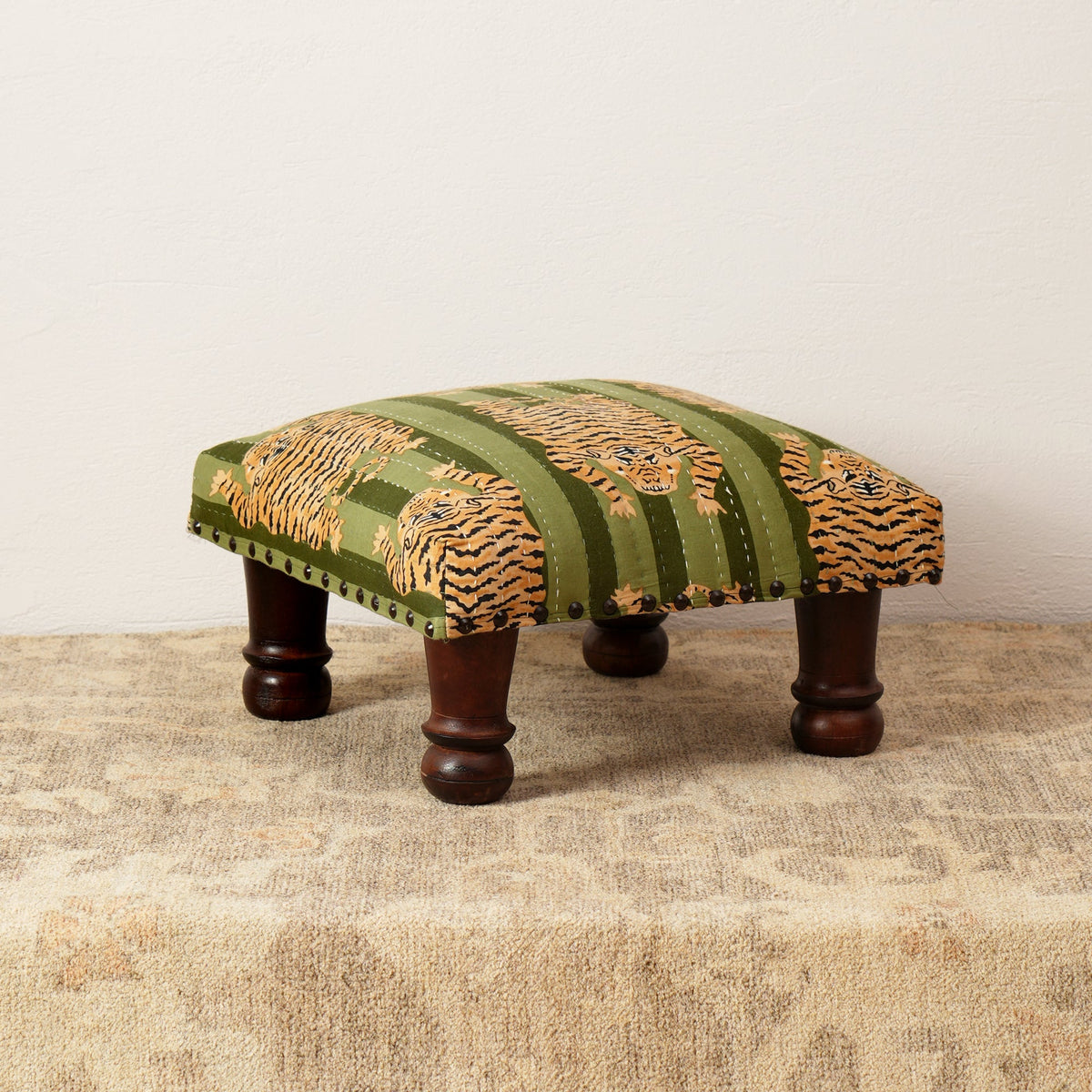 Jungle Stripe Cotton Footstool with Wood Legs, Green