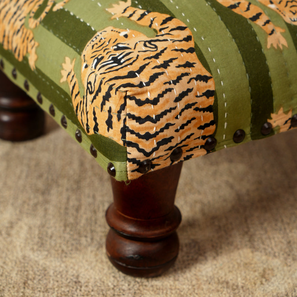 Jungle Stripe Cotton Footstool with Wood Legs, Green