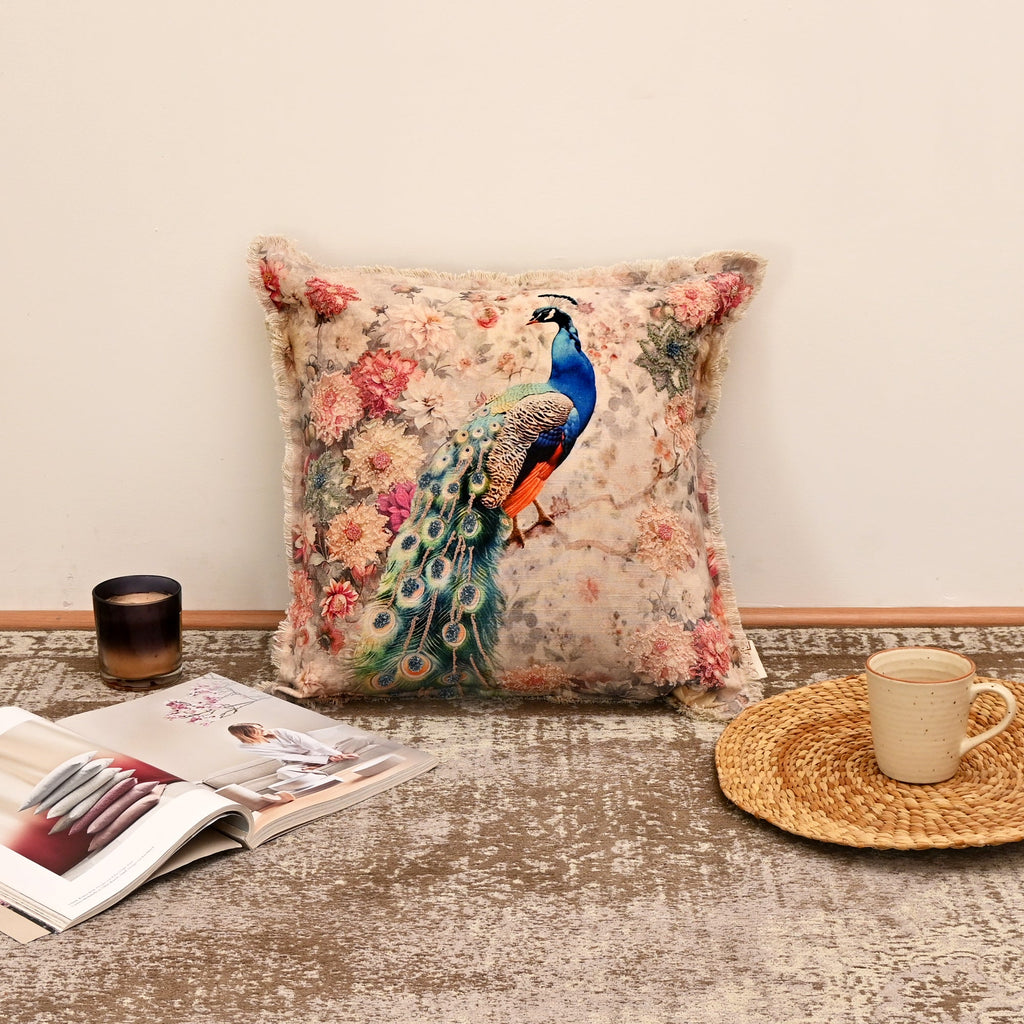 Cotton Cushion- Elina Peacock Floral Design- 45x45 cm