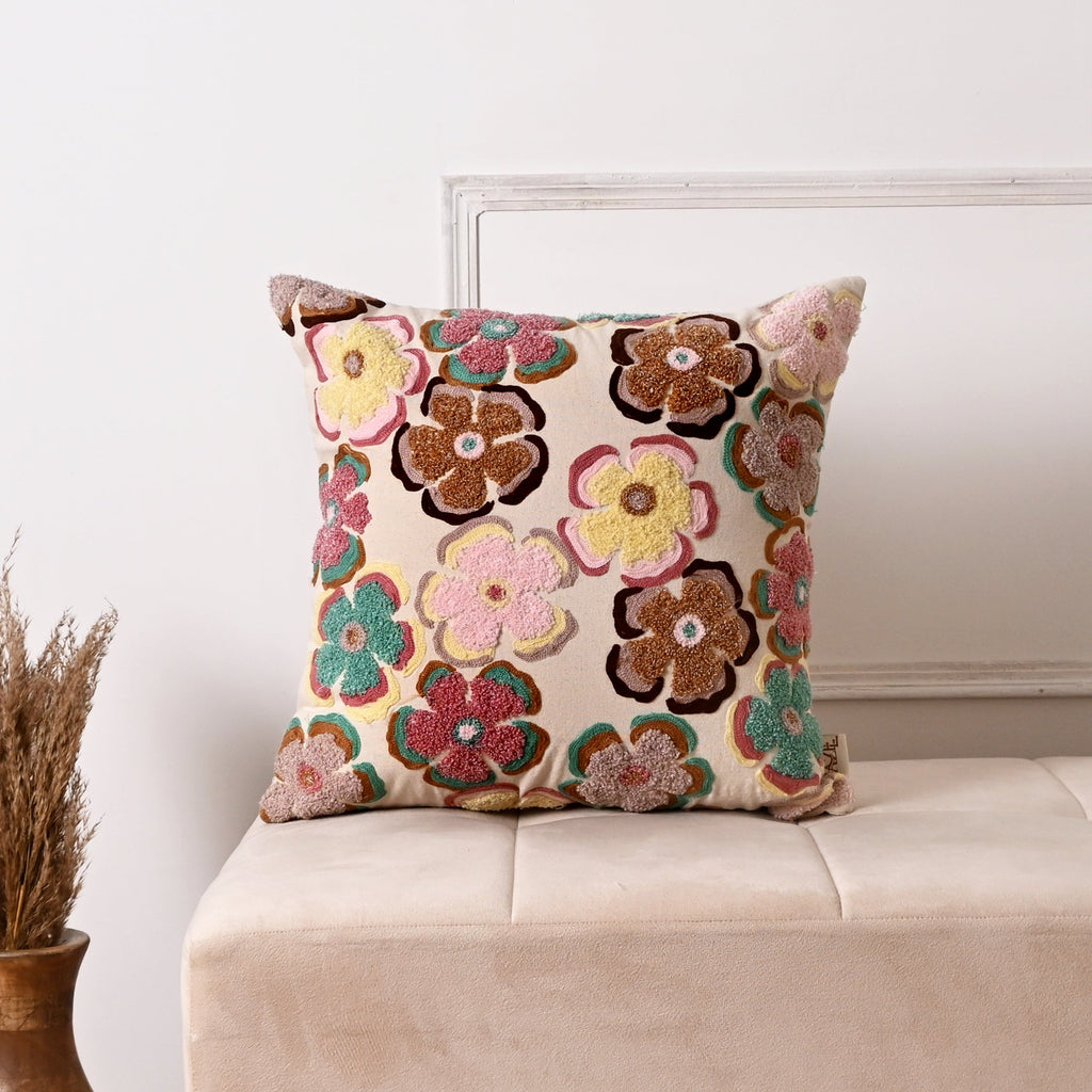 Printed Cotton Cushion- Retro Floral Design- 45x45 cm
